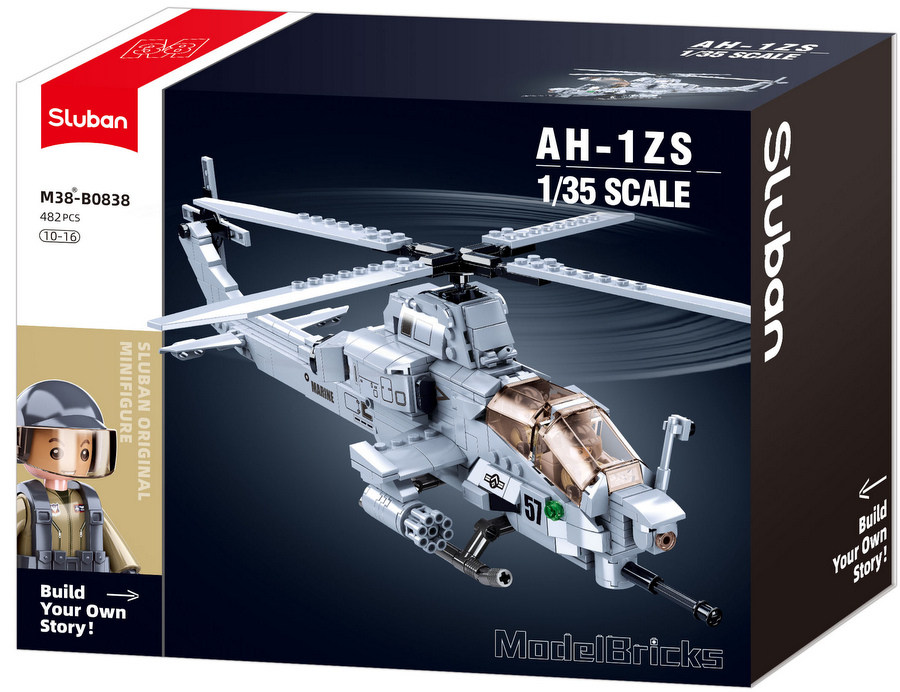 Конструктор Sluban Армия – AH-1Z Щурмови Хеликоптер, Точен Модел, 2 Фигурки, 482 Елемента, 30×24×13 см