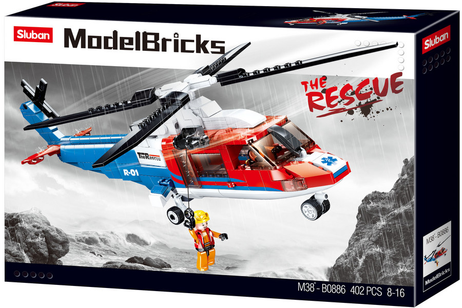 Конструктор Sluban Авиация – Спасителен Хеликоптер, Точен Модел, 402 Елемента, 2 Фигурки, 43×29×7 см
