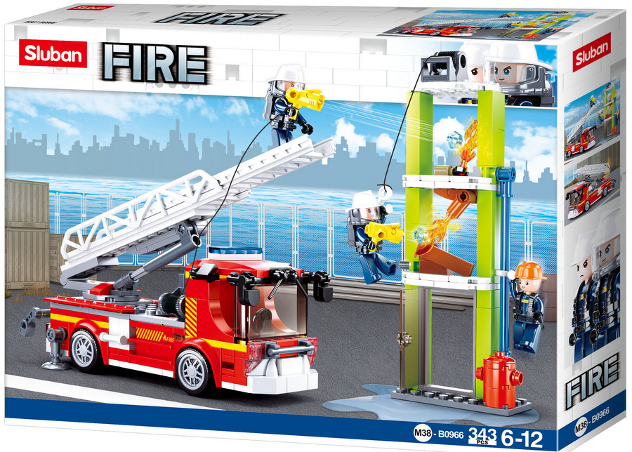 Конструктор Sluban Пожарна – Стълба с Тренировъчна Кула, 343 Елемента, 3 Фигурки, 38×29×7 см