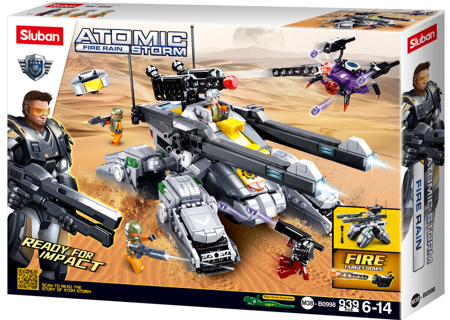 Конструктор Sluban Атомна Буря – „Огнен Дъжд: Железен Прилив“, 939 Елемента, 4 Фигурки, със Стрелба, 52×38×8 см