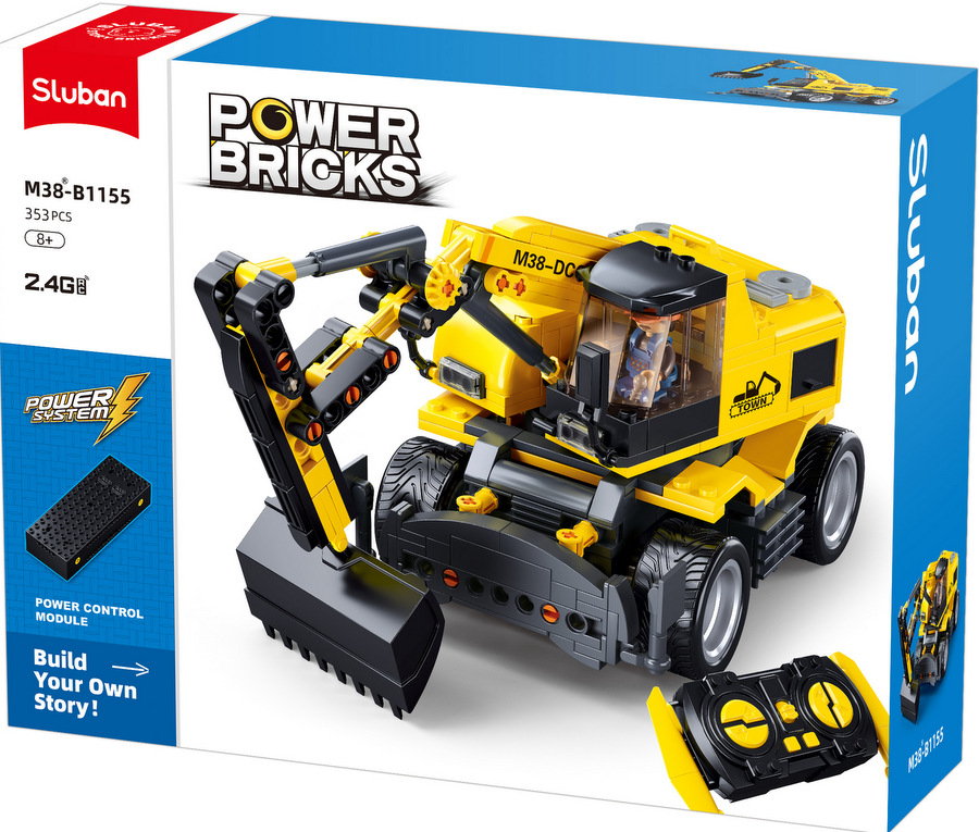 Конструктор Sluban Сити – Багер с Радио Контрол, 353 Елемента, 4 Задвижващи Колела, 1 Фигурка, 38×29×10 см