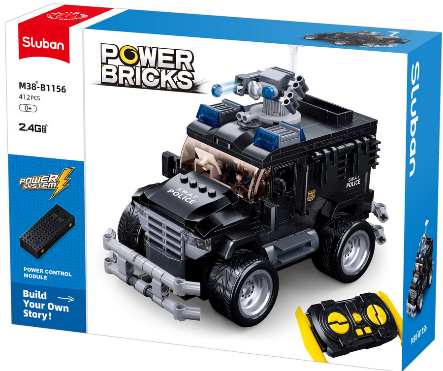 Конструктор Sluban Полиция – Брониран Джип с Радио Контрол, 412 Елемента, 4 Задвижващи Колела, 2 Фигурки, 38×29×10 см