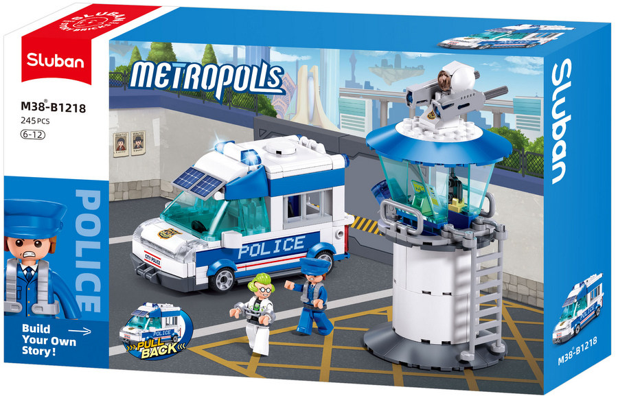 Конструктор Sluban Полиция Микробус с движение при издърпване назад и охранителна кула 245 ел. с 2 фигурки и стрелба 38x24x7 см
