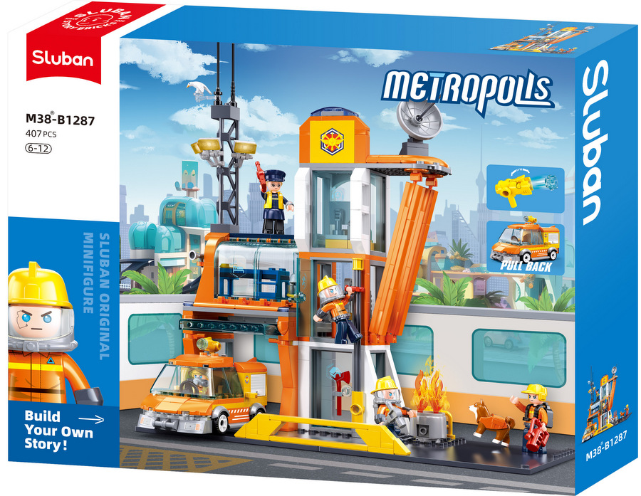 Конструктор Sluban City Metropolis Щаб на спасителните сили и джип с движение при издърпване 407 ел. с 5 фигурки със стълба 43x33x7 см