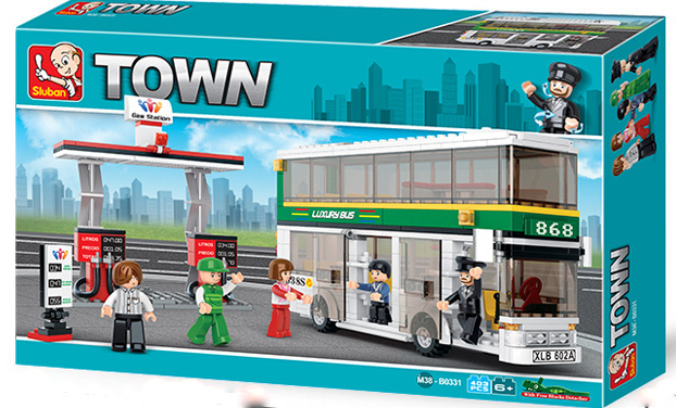 Конструктор Sluban Сити – Двуетажен Градски Автобус, 402 Елемента, 5 Фигурки, 48×29×7 см