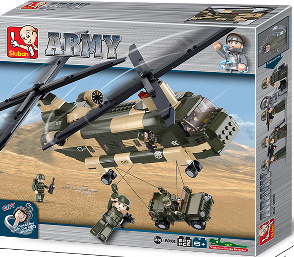 Конструктор Sluban Армия – Двуроторен Хеликоптер с Бойни Машини, 520 Елемента, 5 Фигурки, 43×38×8 см
