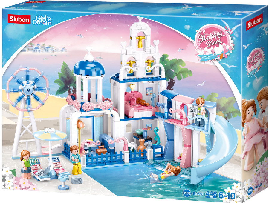 Конструктор Sluban Мечти – Вила с Пързалка, 446 Елемента, 4 Фигурки, 43×33×7 см