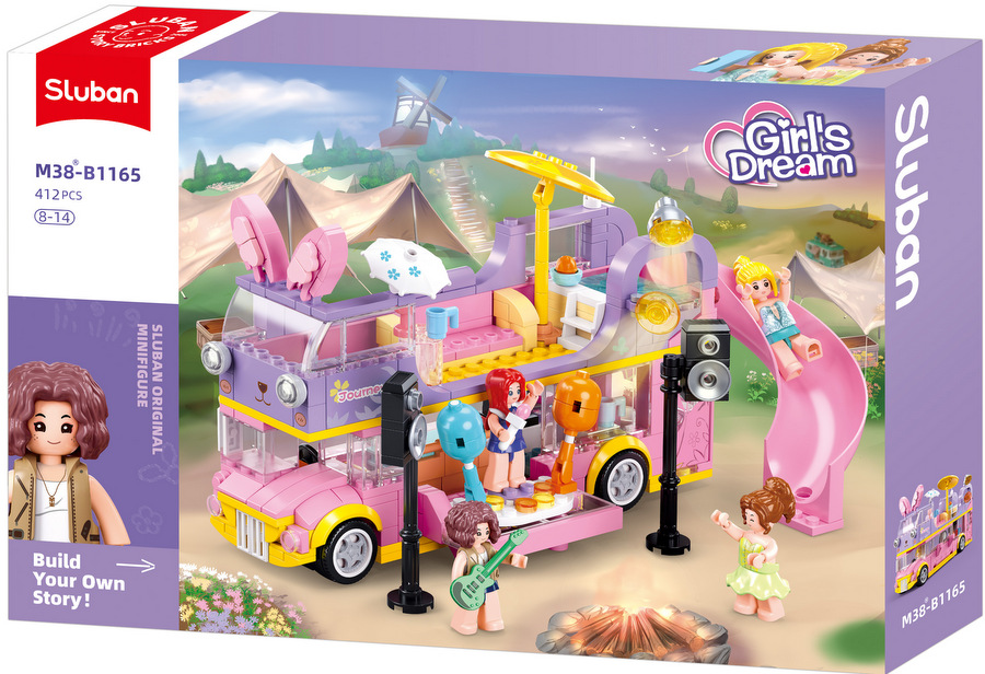 Конструктор Sluban – Автобус за Рок Концерти с Пързалка, 412 Елемента, 4 Фигурки, 43×29×7 см