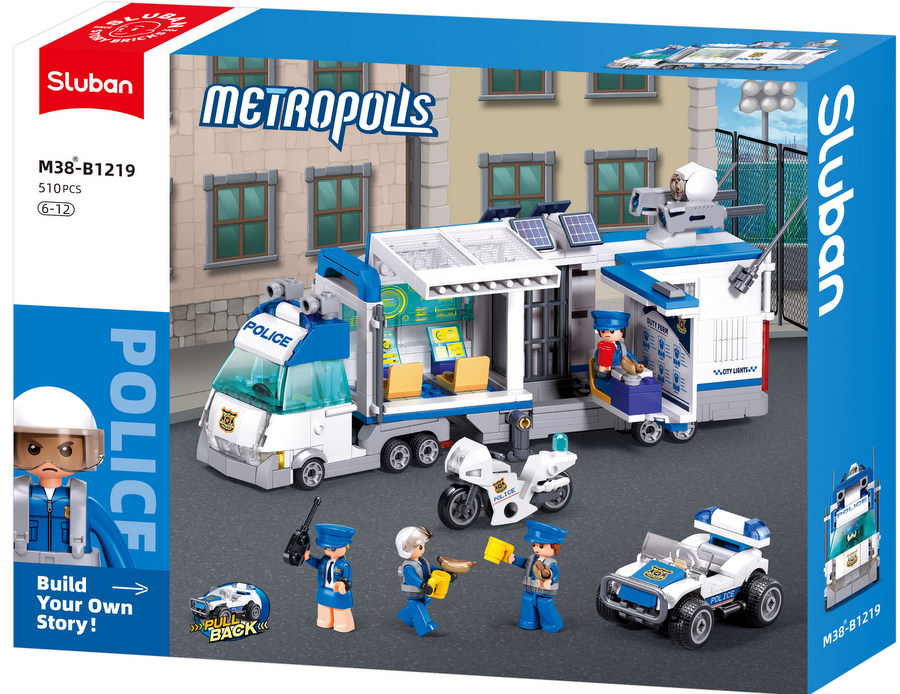 Конструктор Sluban Полиция Камион команден щаб с джип с движение при издърпване 510 ел. с 4 фигурки и стрелба 43x33x7 см