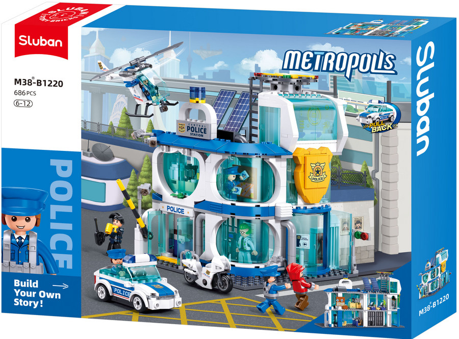 Конструктор Sluban Полиция Централен участък с хеликоптер и джип с движение при издърпване назад 686 ел. с 7 фигурки 52x38x8 см