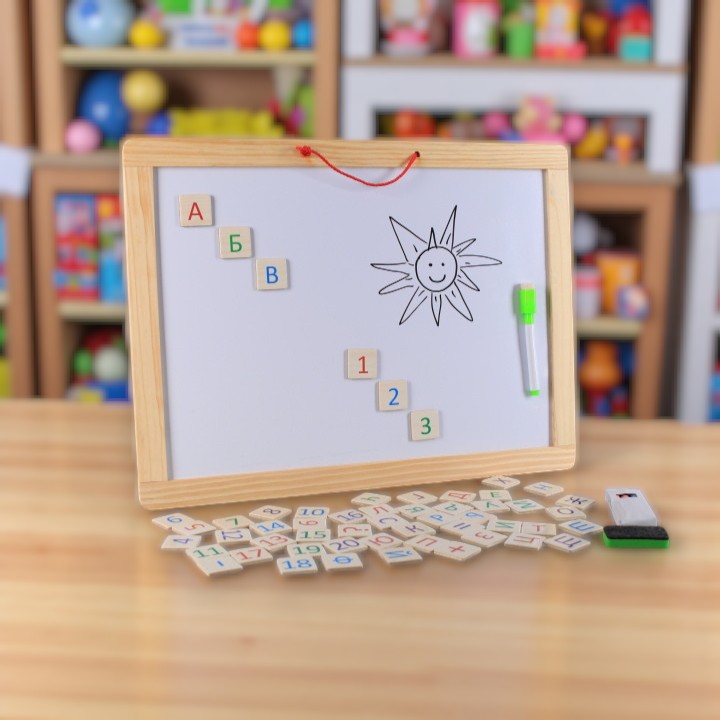 Дървена магнитна дъска 2в1 с българската азбука и аксесоари