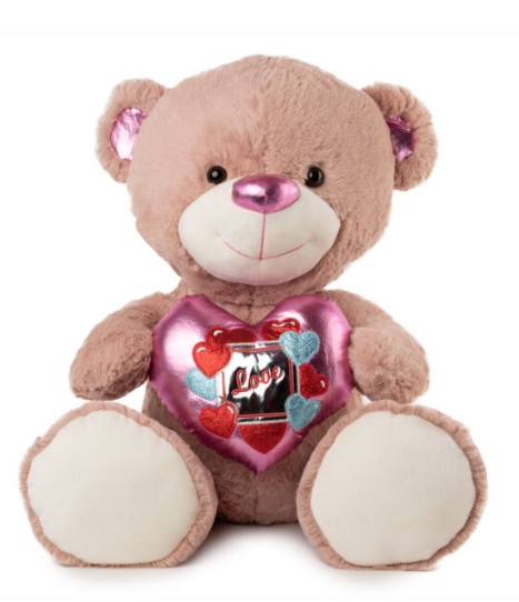 Мече с розово блестящо сърце, два цвята, 65см