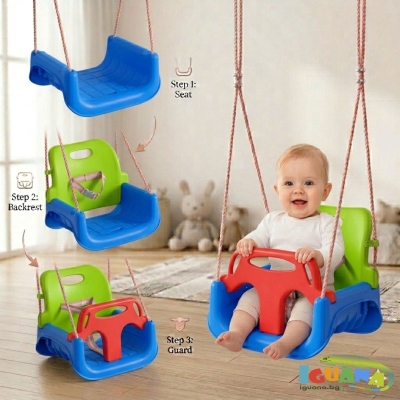 Детска Люлка 3в1 Синьо  Зелено  Седалка с Колани за Безопасност за Дом И Градина