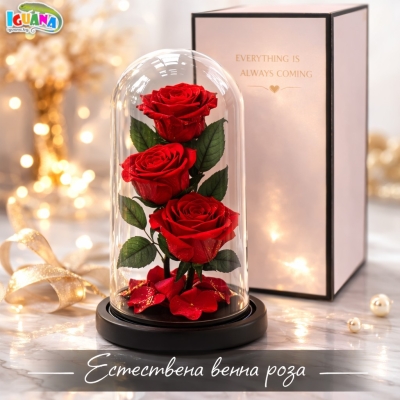 Вечна Тройна Роза в Стъкленица от Iguana.bg – Магия и Стил за Незабравими Емоции