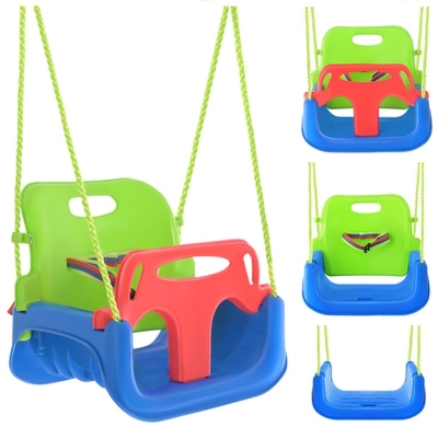 Детска люлка 3 в 1 на въжета за дом и градина, с облегалка и предпазни колани, до 30 кг, синьо-зелена