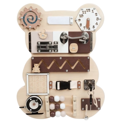 Дървен Бизи Борд Мече, Монтесори Дъска за Фина Моторика, 30x39 см