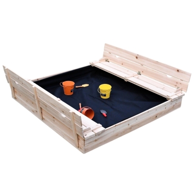 Голям Детски Пясъчник с Пейки и Сгъваем Капак 157x157x21см, Дървен