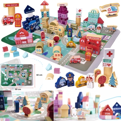 Дървен конструктор град 100 части с постелка пъзел в чанта