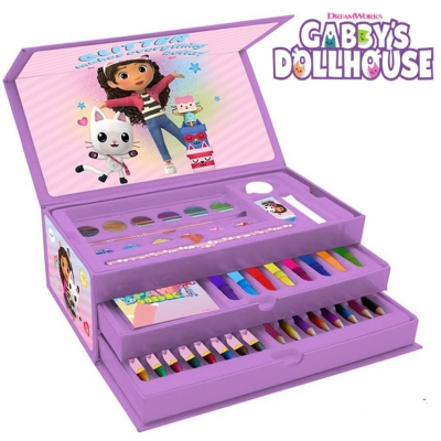 Рисувателен комплект 52 части в триетажно куфарче Gabby's Dollhouse, Къщата за кукли на Габи
