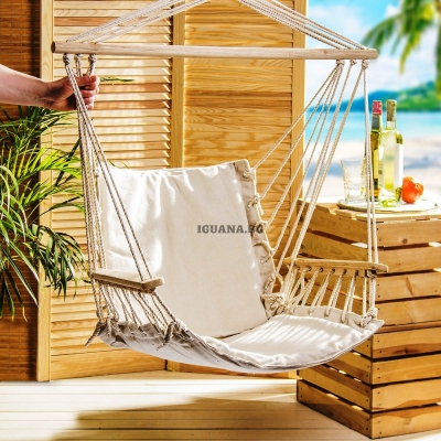 Люлка хамак с дървени подлакътници до 110кг, 55х50х100см, светло бежова  | IGUANA.BG