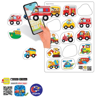 Магнити Транспортни средства Говорещи и Разказващи на Български 13x8 см общо 15 ел., от EVA пяна с добавена реалност на 16 езика 22x16x0.3 см