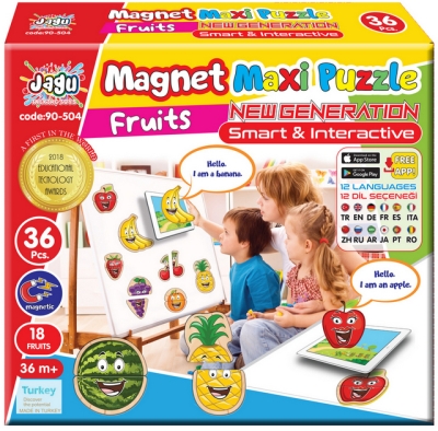 Говорещ и Разказващ Магнитен Пъзел „Плодове“ на Български за Най-Малките – 18 Модела по 2 Елемента (11×14 см), Общо 36 Елемента, от EVA Пяна, с Добавена Реалност на 16 Езика, 20×17×4 см