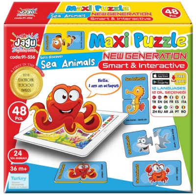Говорещ и Разказващ Пъзел „Морски Животни“ на Български за Най-Малките – 24 Модела по 2 Елемента (10×5 см), Общо 48 Елемента, от EVA Пяна, с Добавена Реалност на 16 Езика, 20×17×4 см