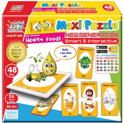 Говорещ и Разказващ Пъзел „Здравословни Храни“ на Български за Най-Малките – 24 Модела по 2 Елемента (10×5 см), Общо 48 Елемента, от EVA Пяна, с Добавена Реалност на 16 Езика, 20×17×4 см