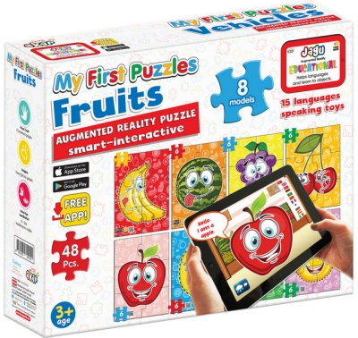 Говорещ и Разказващ Пъзел „Плодове“ на Български за Най-Малките – 8 Модела, 6 Елемента (13×55 см) Всеки, Общо 48 Елемента, от EVA Пяна, с Добавена Реалност на 16 Езика, 26×21×7 см