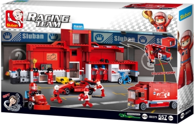 Конструктор Sluban Формула – Хангар за Състезателни Коли, 557 Елемента, 5 Фигурки, 52×33×7 см