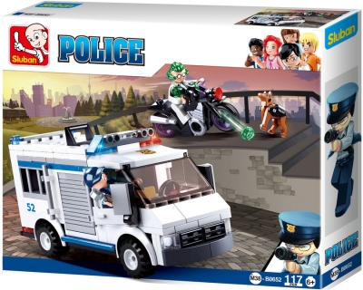 Конструктор Sluban Полиция – Арестантски Камион с Мотор и Куче, 117 Елемента, 2 Фигурки, Стрелба, 29×24×6 см