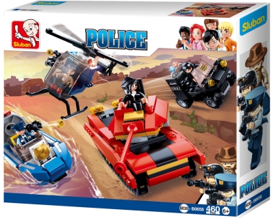 Конструктор Sluban Полиция – Танк, Хеликоптер, Лодка и ATV със Стрелба, 460 Елемента, 4 Фигурки, 38×29×7 см