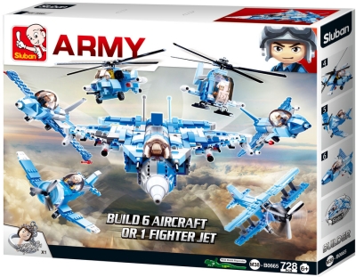 Конструктор Sluban Армия – Изтребител 6 в 1: Сглобете 6 Отделни Модела в Голям Изтребител, 6 Фигурки, 728 Елемента, 48×38×8 см