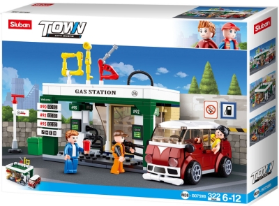 Конструктор Sluban Сити – Бензиностанция с Микробус, 322 Елемента, 3 Фигурки, 38×29×7 см