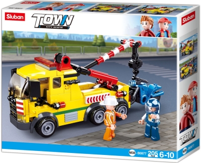 Конструктор Sluban Сити – Камион Пътна Помощ с Кран, 205 Елемента, 2 Фигурки, 29×24×6 см