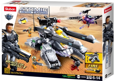 Конструктор Sluban Атомна Буря – „Огнен Дъжд: Железен Прилив“, 939 Елемента, 4 Фигурки, със Стрелба, 52×38×8 см