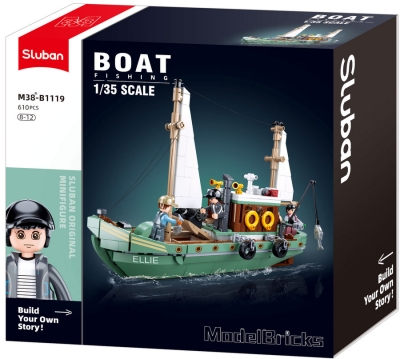 Конструктор Sluban – Ветроходен Риболовен Кораб, Точен Модел 1:35, 610 Елемента, 3 Фигурки, 48×33×7 см
