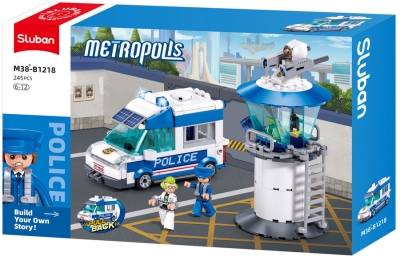 Конструктор Sluban Полиция Микробус с движение при издърпване назад и охранителна кула 245 ел. с 2 фигурки и стрелба 38x24x7 см