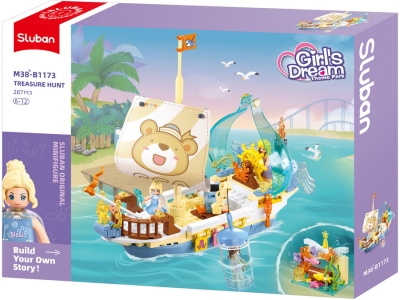 Конструктор Sluban Мечти – Платноходна Лодка с Риф за Лов на Съкровища, 287 Елемента, 3 Фигурки, 38×29×7 см