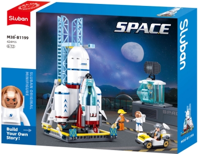 Конструктор Sluban Космос Ракетна площадка за изстрелване с ракета носител и совалка 424 ел. с 4 фигурки 43x33x7 см