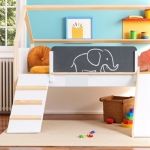 Детско Легло Къщичка , Монтесори, Двуетажно, Пързалка, Черна Дъска, Подматрачна Рамка 90х200 см