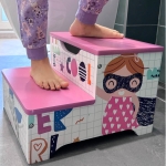 Детско Столче, Дървено Стъпало на 2 Нива, Стълба за Детска Стая, розово, SUPER GIRL