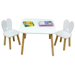 Детска Дървена Маса с 2 Столчета BUNNY, Комплект за Учене, Рисуване, Игра, Хранене, за Детска Стая, Бял