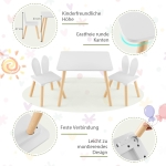 Детска Дървена Маса с 2 Столчета BUNNY, Комплект за Учене, Рисуване, Игра, Хранене, за Детска Стая, Бял