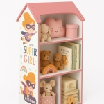 Детска етажерка - Къщичка SUPER GIRL, Розова за съхранение на играчки и книжки