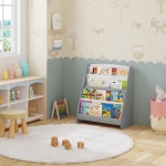 Детска Етажерка за Книжки и Списания, Библиотека с Рафтове, Дървена Секция - Бяло и Сиво
