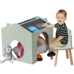 Детска Маса с 2 Столчета - Мултиактивна Къщичка с Черна Дъска, Плот за Рисуване и Четене