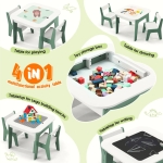 Детска Масичка със Столчета 4 в 1 , 2 Плота, Черна дъска и Плот за Редене на Конструктори тип LEGO, Forest
