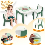 Детска Масичка със Столчета 4 в 1 , 2 Плота, Черна дъска и Плот за Редене на Конструктори тип LEGO, Forest