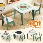 Детска Масичка със Столчета 4 в 1 , 2 Плота, Черна дъска и Плот за Редене на Конструктори тип LEGO, Forest